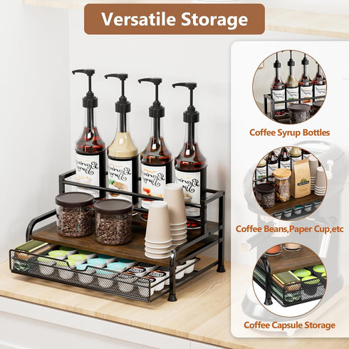 3-Tier 8 35 Countertop Coffee Syrup Rack Organizer, Bottles Syrup Rack with K Cup Storage Basket for Coffee Bar, Bottle