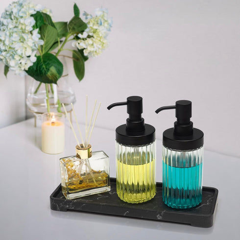 Ribbed Hand Glass Soap Dispenser Set of 2, Wide-Mouthed Glass Soap Bottles with Matte Black Pump for Bathroom & Kitchen