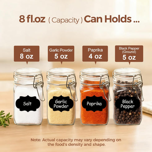Set 12 (8 Oz), ComSaf of Square Glass Jars with Airtight Lids Pantry Canisters for Spices, Jams, & Herbs, Wire Clamp