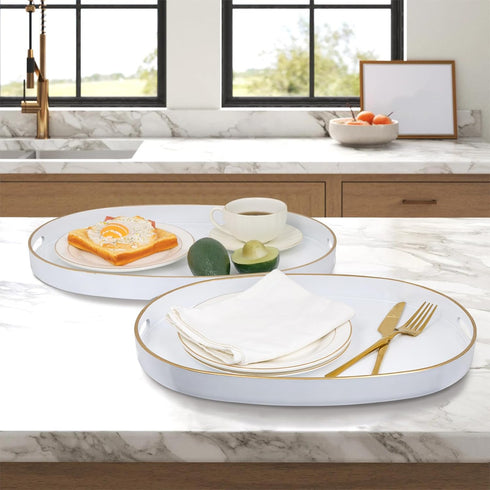Set 2, MAONAME White Serving Trays with Handles, Oval Decorative Trays for Coffee Table, Nesting Tray of Plastic Vanity