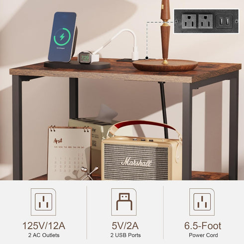 X-cosrack Side Table with Charging Station, End Table with USB Ports and Outlets, Nightstand with Storage Shelves