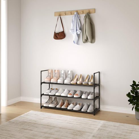 Yegazte 3-Tier 12-15 Closet,Black Shoe Rack, Stores Pairs of Shoes, Stackable & Adjustable, Space Saving Shelf Storage