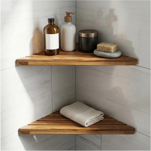Wooden Corner Shower Shelf Triangular Corner Shelf Wooden Bathroom Shelf for Tiled