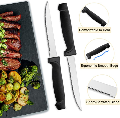Pleafind 16-Pcs Steak Knives Set, 8.5 Inch Serrated Stainless Steel Knives, Elegant Black for Home, Kitchen, Restaurant
