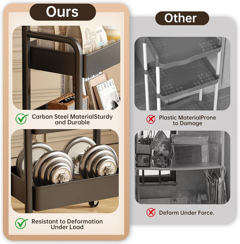 3 2 Tier Metal Rolling Utility Cart Organizer with Walnut Table Top, Stable and Sturdy Rolling Storage Carts