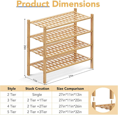 4 Closet,Hallway,Entryway,Small 27"x11"x26" Haddockway Tier Bamboo Shoe Rack Storage Organizer, Multifunctional Free