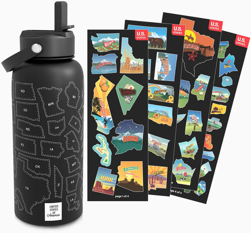 United States Map 32 oz Stainless Steel Water Bottle with Waterproof Stickers and Leak Proof Lid (BLACK)