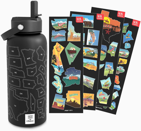 United States Map 32 oz Stainless Steel Water Bottle with Waterproof Stickers and Leak Proof Lid (BLACK)
