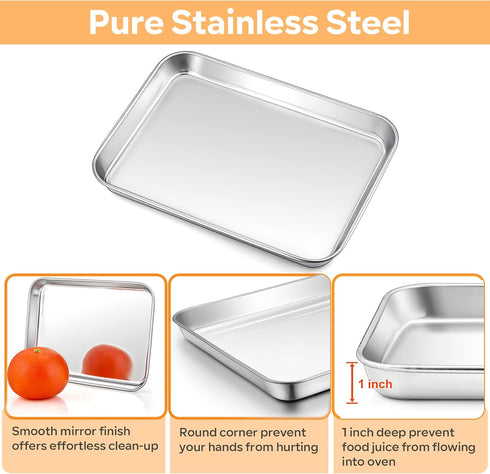 TeamFar Toaster Oven Pan with Rack Set, 10.5 x 8 x 1 Inch Stainless Steel Baking Pan Tray with Grid Rack