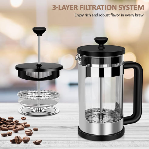 RAINBEAN French Press Coffee Maker, 12 Oz Mini Coffee Press, 1 Cup, with 3 Filterations, Borosilicate Glass