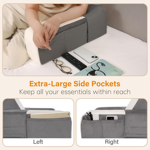 21" 60 Vekkia Reading Pillow for Sitting in Bed Ergonomic Wedge Back Pillow, XL Side Pockets, Support Chair for TV