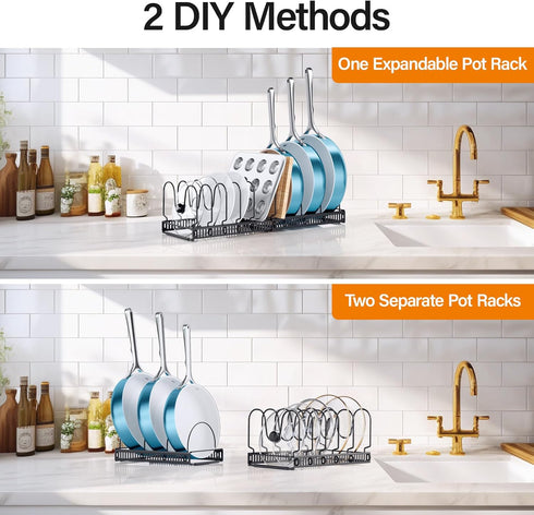 ORDORA Expandable Pots and Pans Organizer Under Cabinet, Cutting Board Pot Lid Holder with 10 Adjustable Dividers