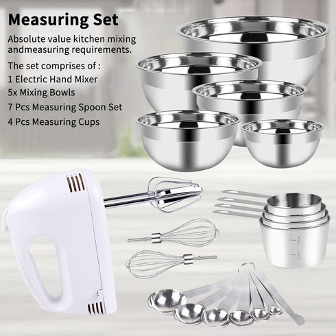 Hand Mixer Electric Mixing Bowls Set, 5 Speeds Handheld Mixer with 5 Nesting Stainless Steel Bowls, 200W