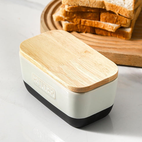 Countertop, 6 3.5 2.7) HVH Ceramic Butter Dish with Lid for Airtight Butter Keeper with Wooden Lid, Butter Holder