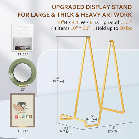Large Plate Holder Display Stand - 10 inch Tall Plate Stands for Display - Metal Picture Frame Stand - Big Tabletop Easel Stand for Decorative Plates | Platter | Book | Plaque | Tile - 3 Pack - Gold