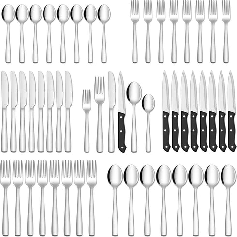 HIWARE 48-Piece Silverware Set with Steak Knives for 8, Stainless Steel Flatware for Home Kitchen
