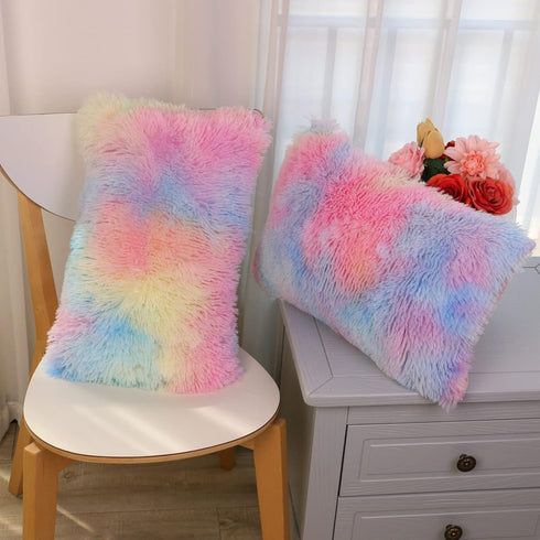 Soft Faux Fur Throw Pillow Covers, Pack of 2 Peach Blush Plush Tie Dye Pink Cushion Cases for Sofa