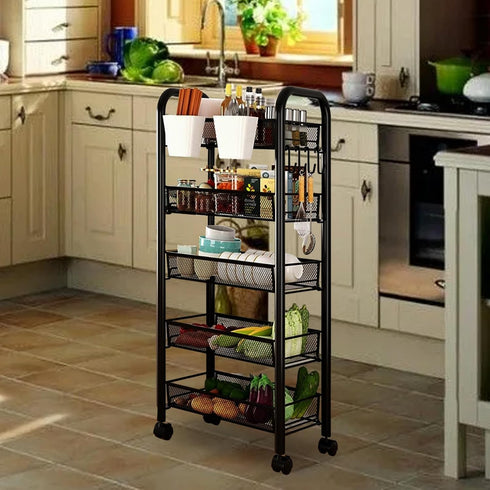 5 360 41 Inch Fruit Vegetable Basket Storage Cart Tier Snack Cart Stackable Metal Mesh Vegetable Organizer with Degree