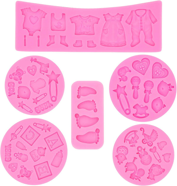 Rainmae 6Pcs Cute Baby Silicone Fondant Cake Mold, Baby Birthday Party Kitchen Baking Moulds for Cake Decorating