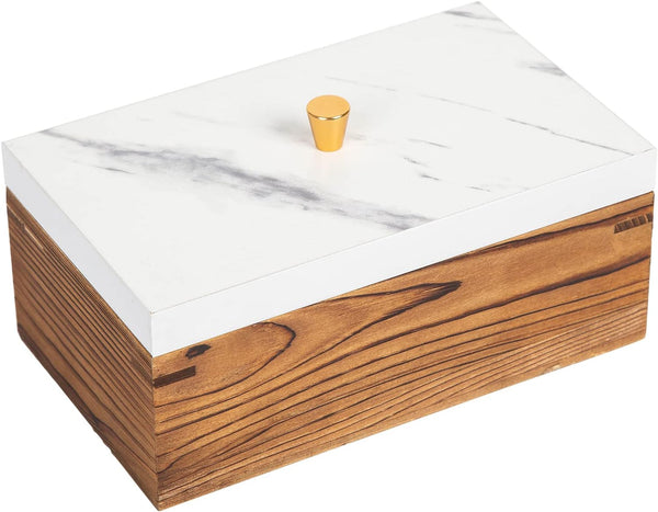 Vintage White Marble and Dark Brown Wood Jewelry Box, Desktop Keepsake Organizer with Brass Lid for Bathroom Accessories