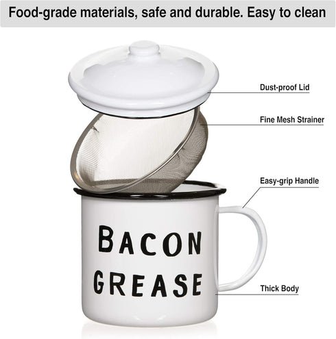 Golden Hills Mercantile Bacon Grease Saver with Strainer - Vintage Enamelware Design, 4 inch x 4 inch (Black)