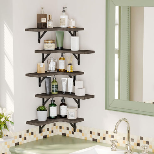 Fixwal Set of 5 Corner Floating Shelves, Rustic Wood Wall Mounted Shelf for Bathroom, Kitchen, Bedroom, Home Decor