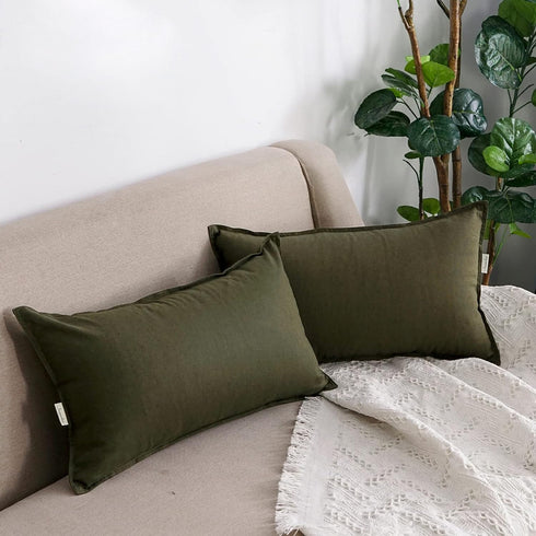 Jeanerlor Cotton Linen Decorative Throw Pillow Case Cushion Cover, 12"x20" (30 x 50cm), 2 Pcs, Olive Green with Twin