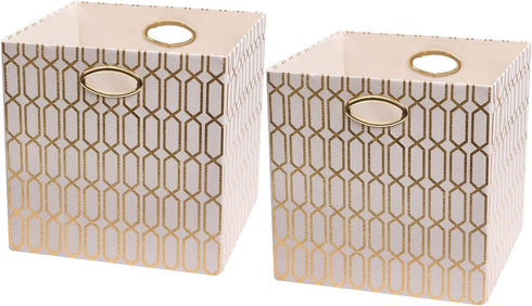 Posprica Storage Bins, 13×13 Fabric Drawers Organizer Basket Boxes, 2pcs, Cream/Gold Geometry Pattern