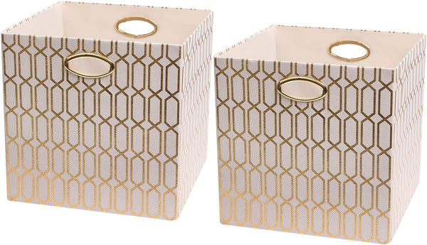 Posprica Storage Bins, 13×13 Fabric Drawers Organizer Basket Boxes, 2pcs, Cream/Gold Geometry Pattern