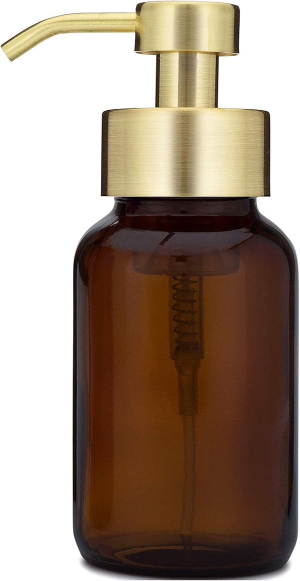 Rail19 Amber Glass Apothecary Foaming Soap Dispenser with Metal Pump, 8.5oz for Kitchen and Bathroom Countertop, Gold
