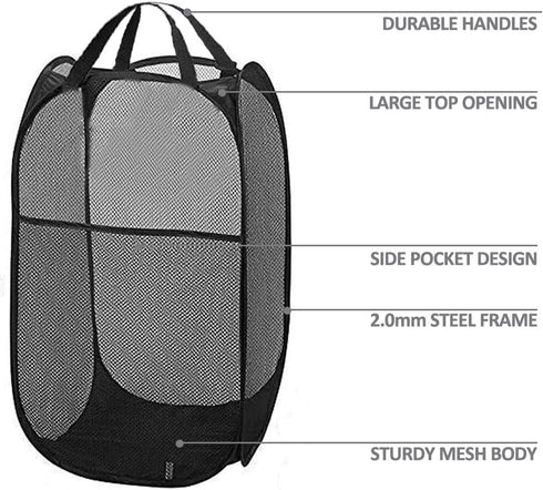 2 Packs Mesh Pop Up Laundry Hamper, Black, Portable Handles, Collapsible for Storage, Foldable for Travel