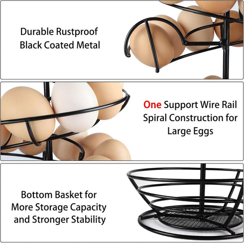 Countertop, QUTREY Black Metal Egg Skelter with Storage Basket, Spiral Design Egg Holder for Large Egg for Kitchen