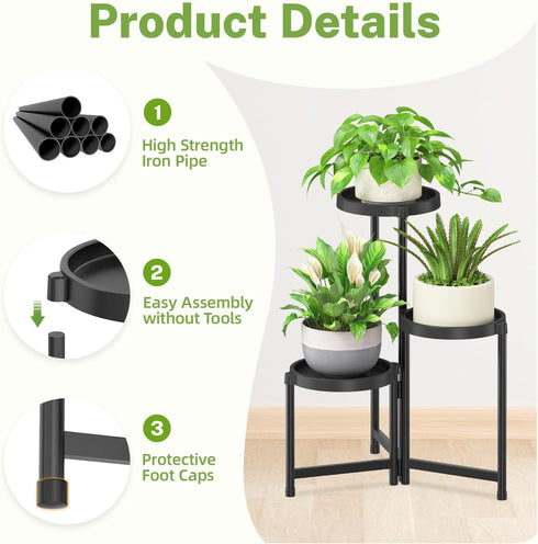 3 iDavosic.ly Tier Folding Plant Stand Indoor Outdoor with Plastic Tray, Tiered Corner Flower Holder Shelf, Metal