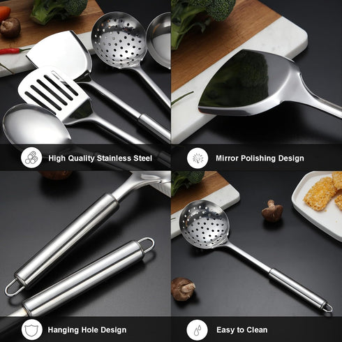Stainless Steel 5-Piece Utensil Set, 5-Pieces All Metal Long Handle Cooking Tools, Heat Resistant Kitchen Gadgets Utensil Set, Slotted Spoon, Slotted Spatula, Large Spoon, Soup, Spatula