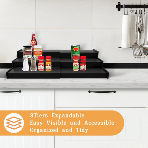 Spice Rack Organizer, 3 Tier Expandable Bamboo Spice Rack for Kitchen Cabinet, Cupboard, Pantry - Black (2pack)