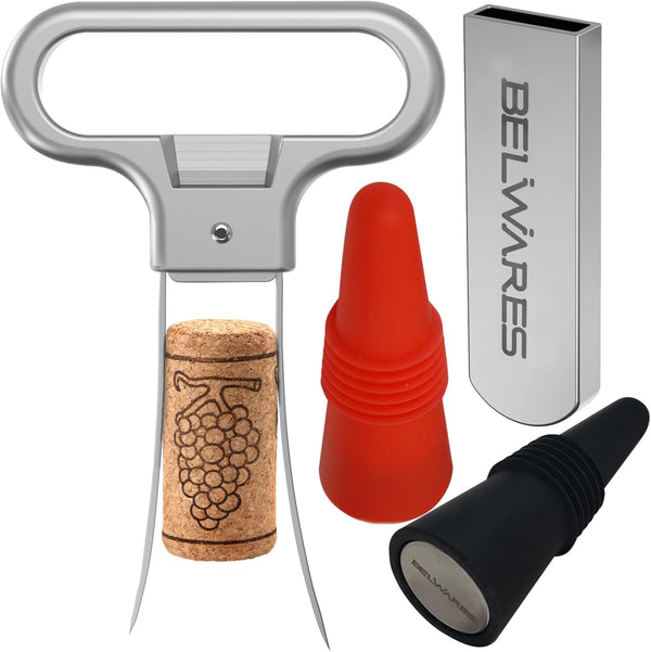 Ah So Wine Opener - Two Prong Cork Puller with 2 Wine Stoppers for Wine Bottles - Stainless Steel Ideal for Removing