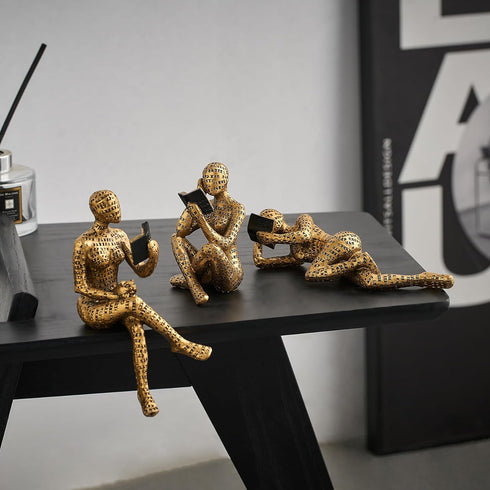 3Pcs FJS Gold Thinker Statues Home Decor Accents, Pulp Reading Women Figurine Decorations for Living Room, Modern
