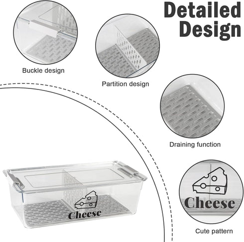 Yomjarl 2 Cheese Container Airtight with Draining Basket Cream Block Cheese Sliced Cheeses Box with Lid for Fridge