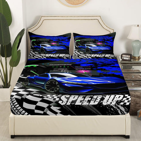 Set Set 1 Feelyou Kids Boys Girls Blue Race Car Bedding Twin, Sports Car Bed Sheet With Fitted Sheet, Buffalo Plaid