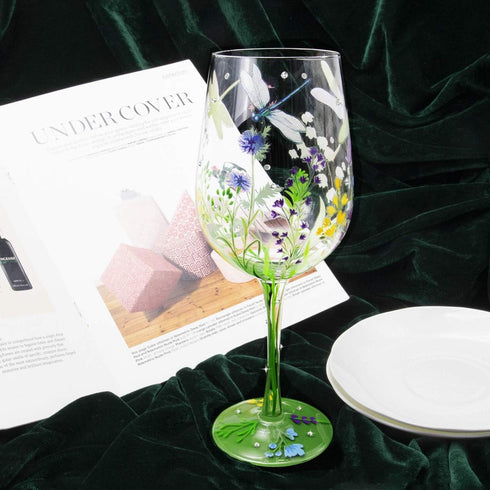 NymphFable Hand Painted 15 oz Wine Glass, Colorful Dragonfly Flower Artisan Gift for Birthdays, Weddings, Valentine's