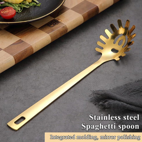 ReaNea Gold Spaghetti Spoon, Pasta Server, Stainless Steel Pasta Spoon with Teeth, One-Piece Metal Pasta Fork, Noddle