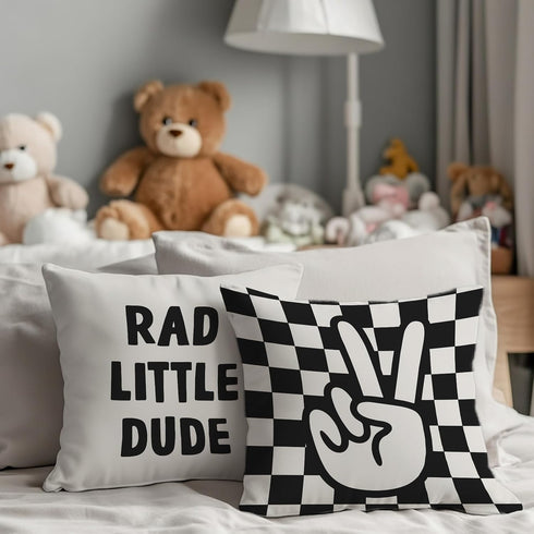 FLDAS 1818 Inch Set 2 Checkered Pillow Covers, Rad Little Dude Preppy Peace Hand Sign Decorative Throw Pillow Covers