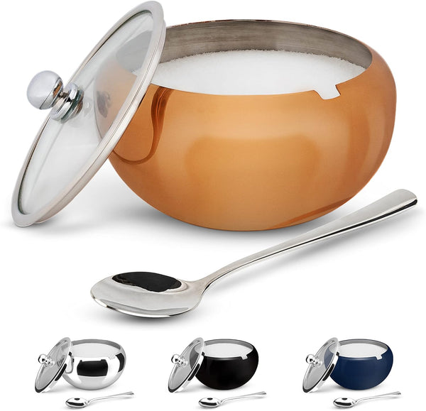 KooK Sugar Bowl with Lid and Spoon, Sugar Container for Salt, Coffee, Holds 2 Cups, Dishwasher Safe, Copper, 16 Oz