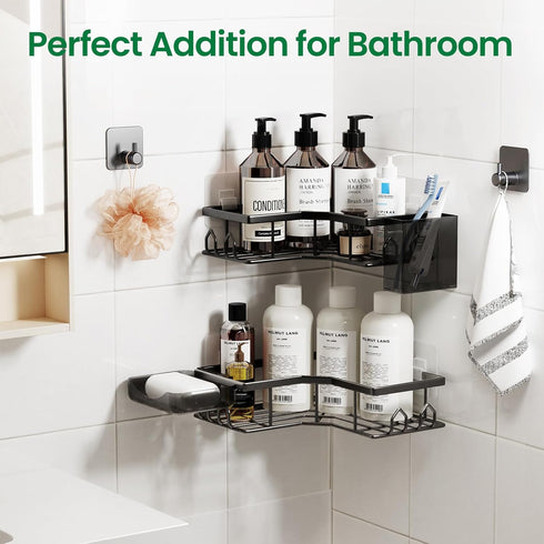 QHMCHLDZ 2 Pack Adhesive Shower Caddy, Corner Bath Organizer, Rustproof Stainless Steel Shower Shelves with Large