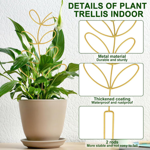 2 12 Inch 50 AUGSUN Pcs Gold Trellis Leaf Shape Metal Plant Support with Ties for Climbing Potted Plants Houseplant