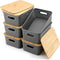 Storage Bins with Bamboo Lids - Set of 6 Lidded Plastic Baskets for Organizing Kitchen, Bedroom, Office, Closet