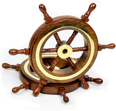 Nagina International 4" Small Rosewood Crafted Brass Ring Ship Wheel, Nautical Decor Steering Wheel