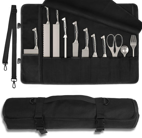 Upgraded Waterproof Chef Knife Roll Bag, Portable Waxed Canvas Case Holds Up to 18'', 11 Slots for Knives & Tools