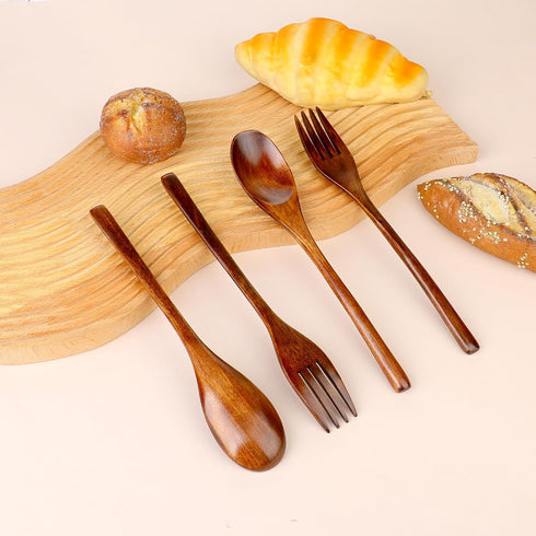 6Pcs Wooden Spoons Forks Set, Reusable Wooden Utensil Set for Stirring Cooking Camping, Wooden Cutlery
