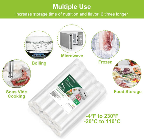 Bonsenkitchen Vacuum Sealer Bags - 6 Pack, 3 Rolls 11" x 20' + 3 Rolls 8" x 20' BPA Free Food Storage Bags